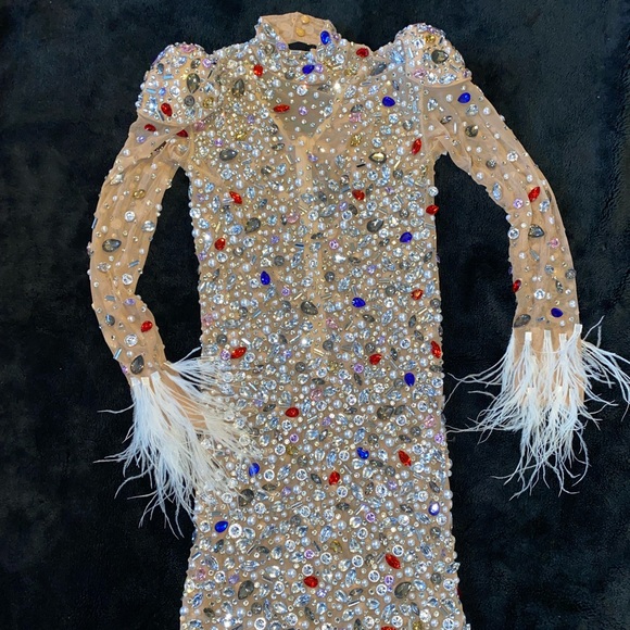 Nude Mesh Feather Rhinestone Bodycon Mini Dress - Picture 3 of 5